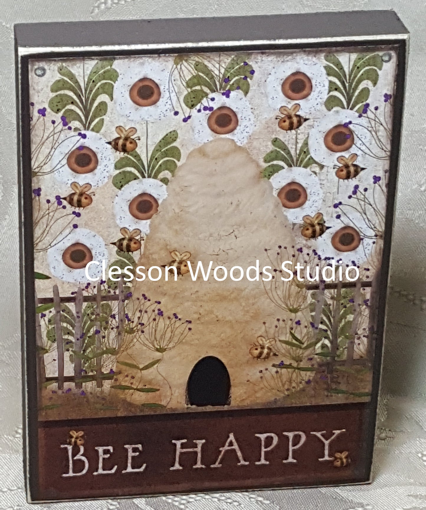 Bee Happy Beehive and Flowers Small Wood Block Sign