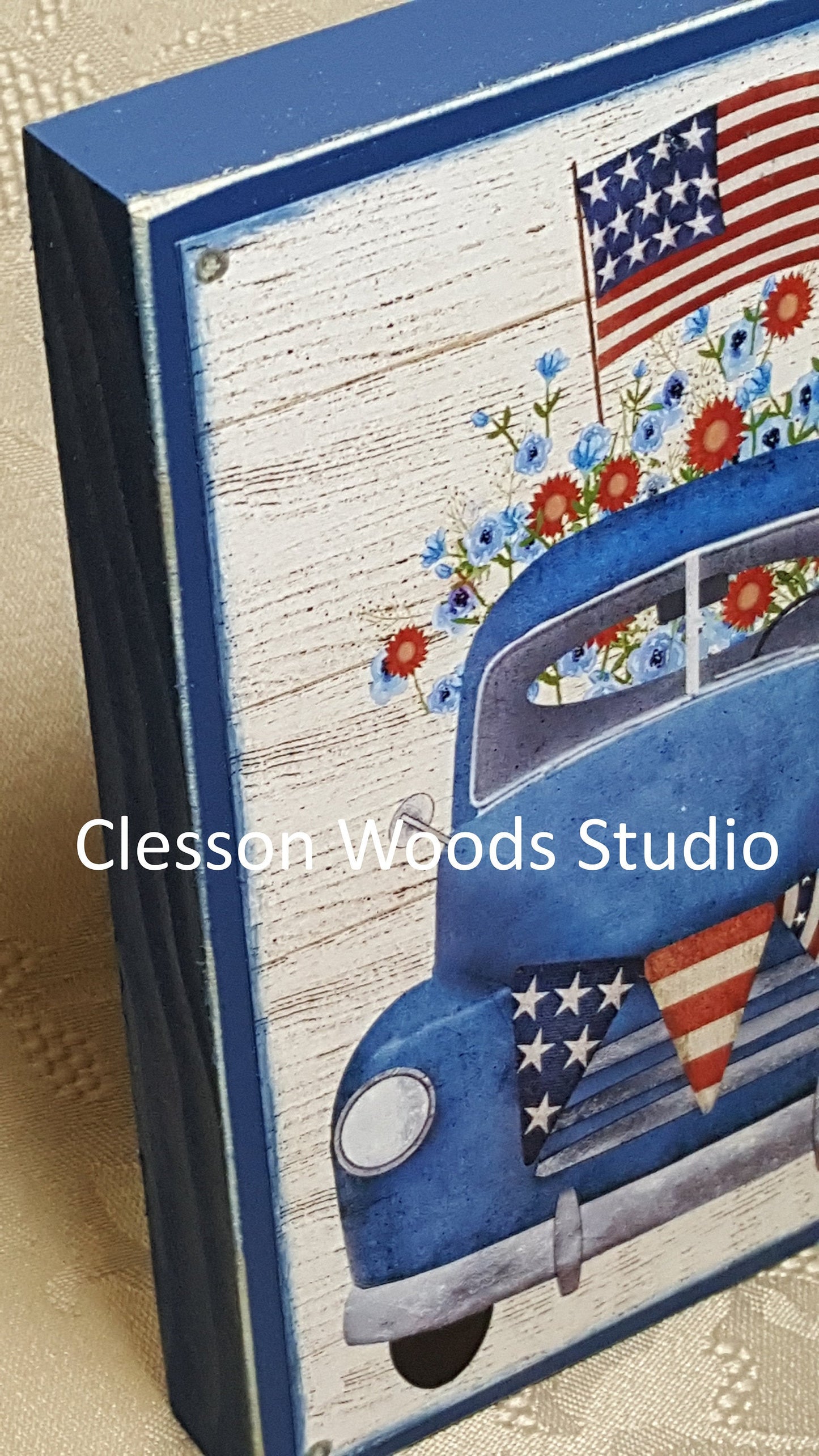 Patriotic Blue Truck Small Wood Block Sign (Blue)