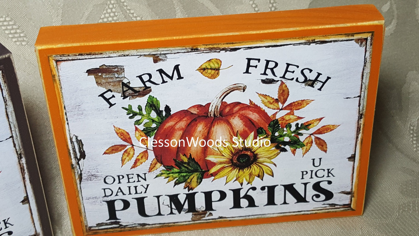 Farm Fresh Pumpkins Small Wood Block Sign