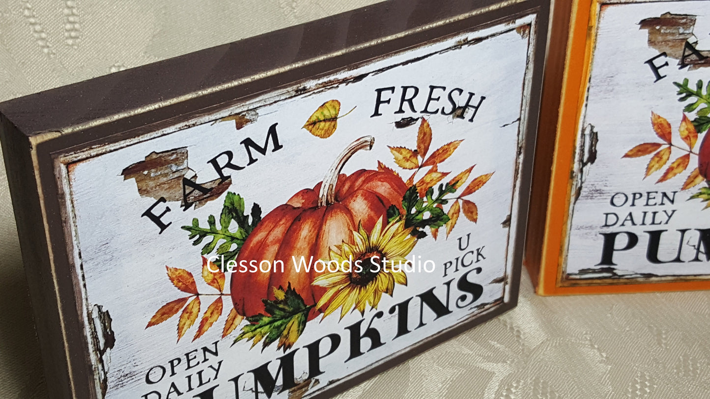 Farm Fresh Pumpkins Small Wood Block Sign
