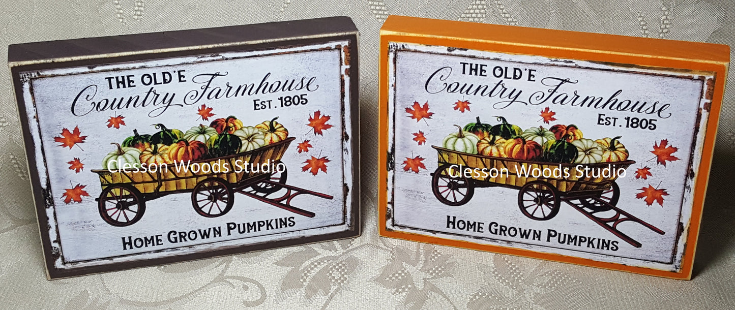 Country Farmhouse Fall Wagon Small Wood Block Sign