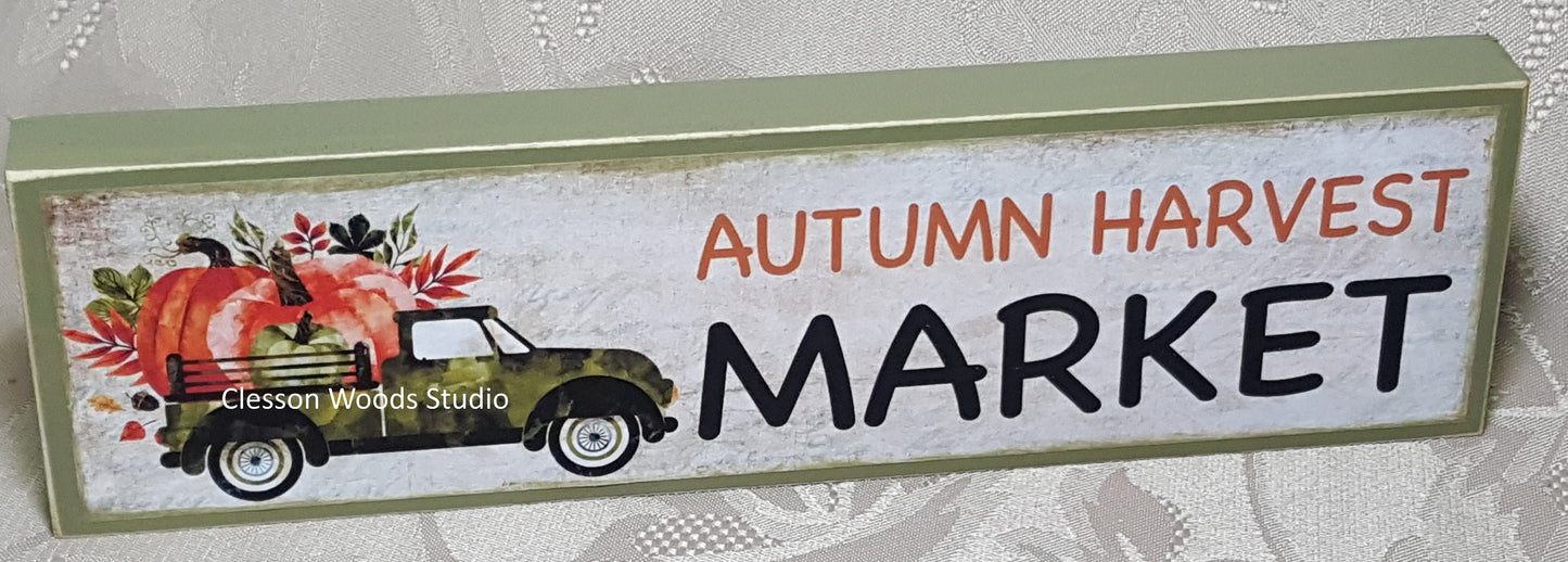 Green Vintage Truck Autumn Harvest Market Horizontal Wood Sign