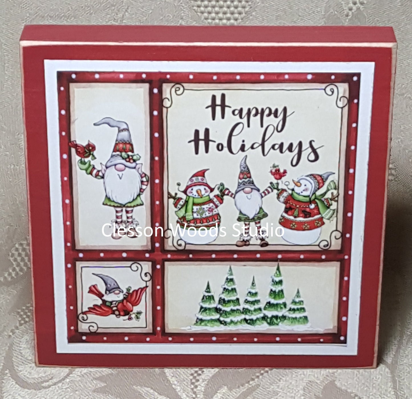 Winter Gnome Friends Happy Holidays Small Square Wood Block Sign (Red)