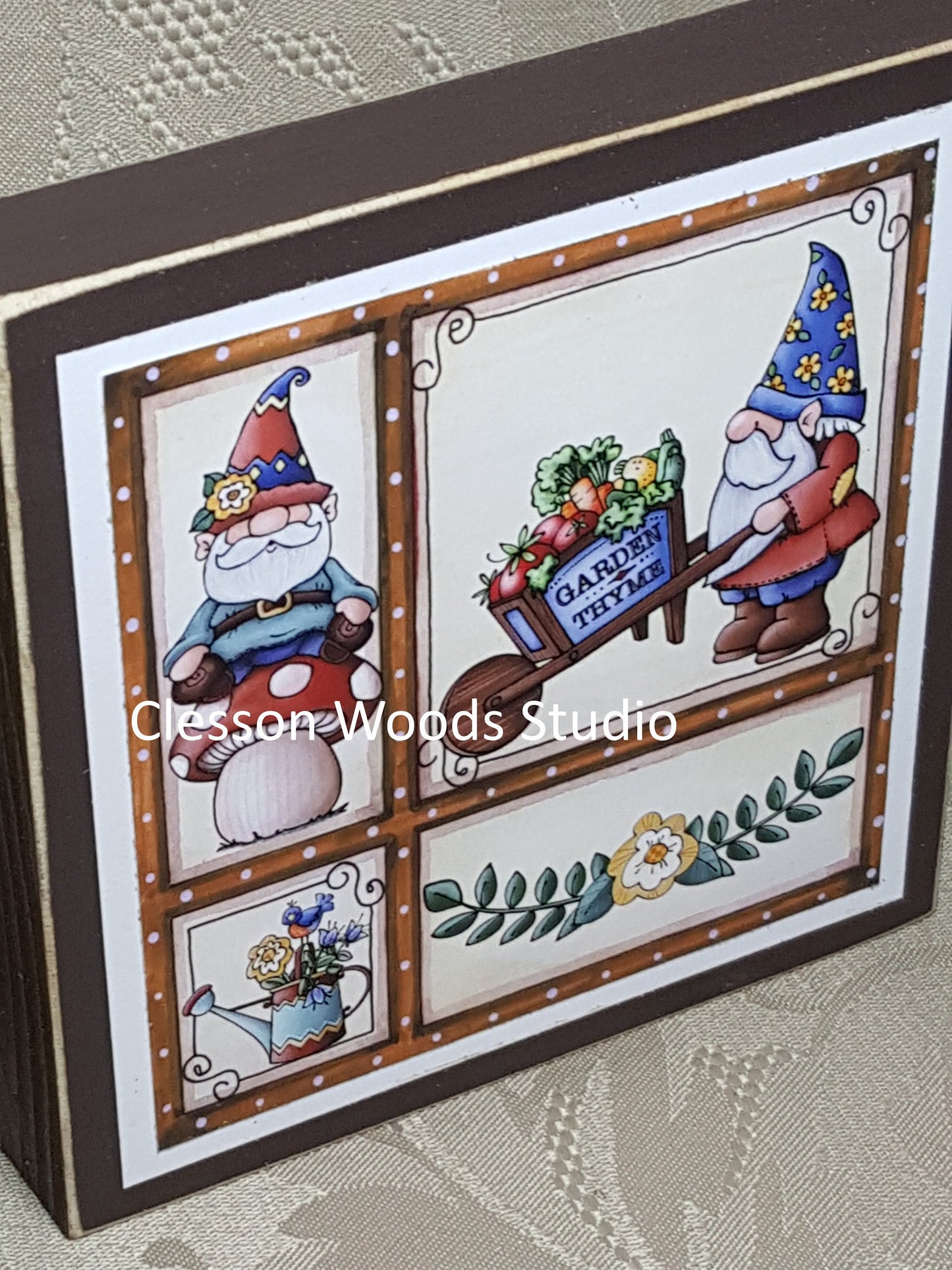 Garden Gnome Friends Small Square Wood Block Sign (Wheelbarrow)