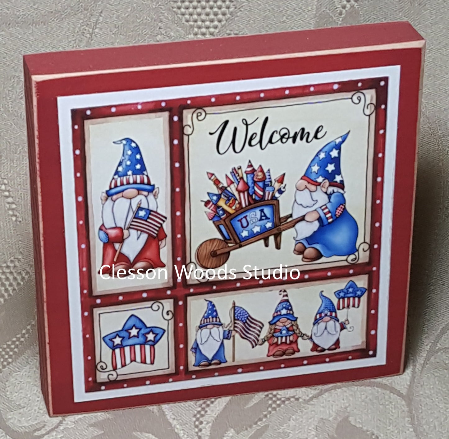 Patriotic Gnome Friends Small Square Wood Block Sign (Red)