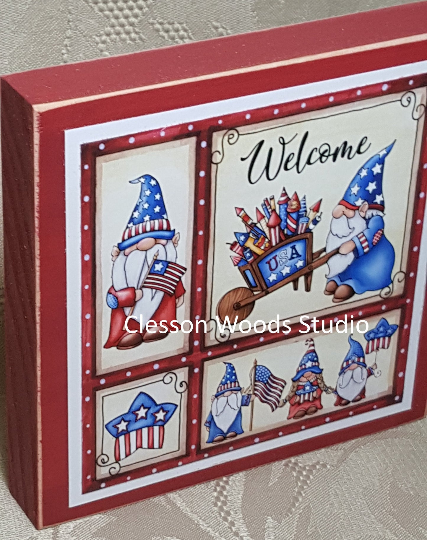 Patriotic Gnome Friends Small Square Wood Block Sign (Red)