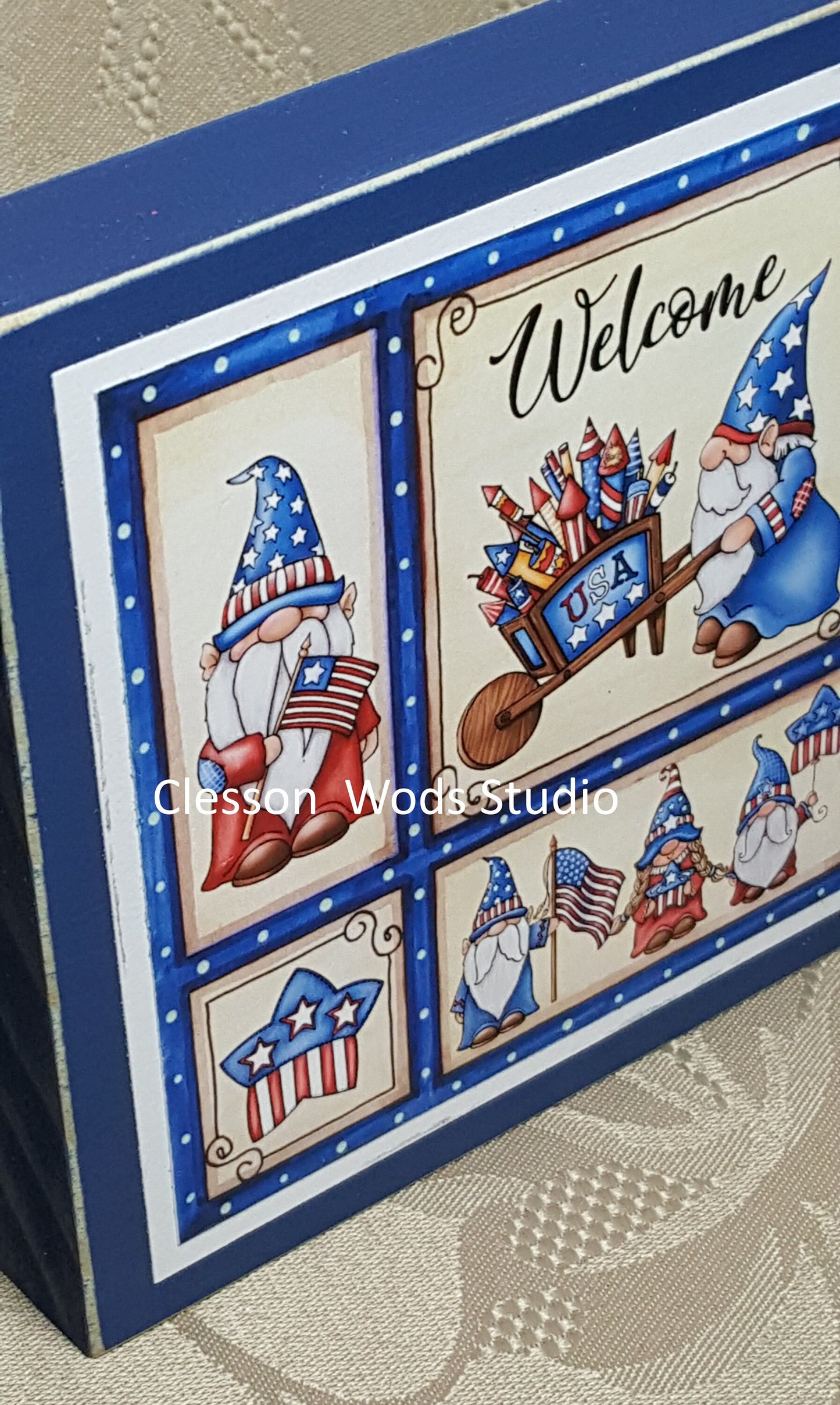 Patriotic Gnome Friends Small Square Wood Block Sign (Blue)