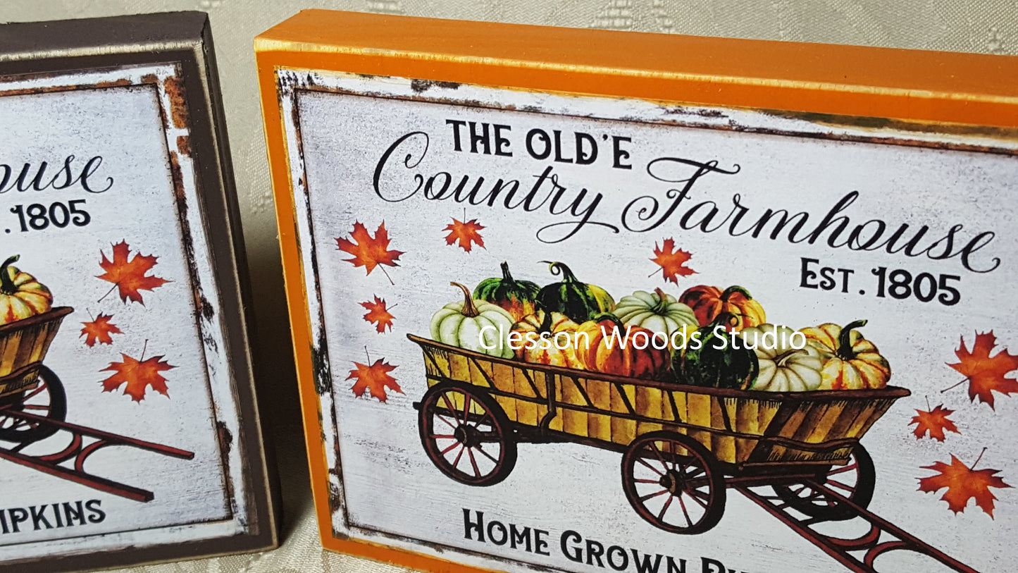 Country Farmhouse Fall Wagon Small Wood Block Sign