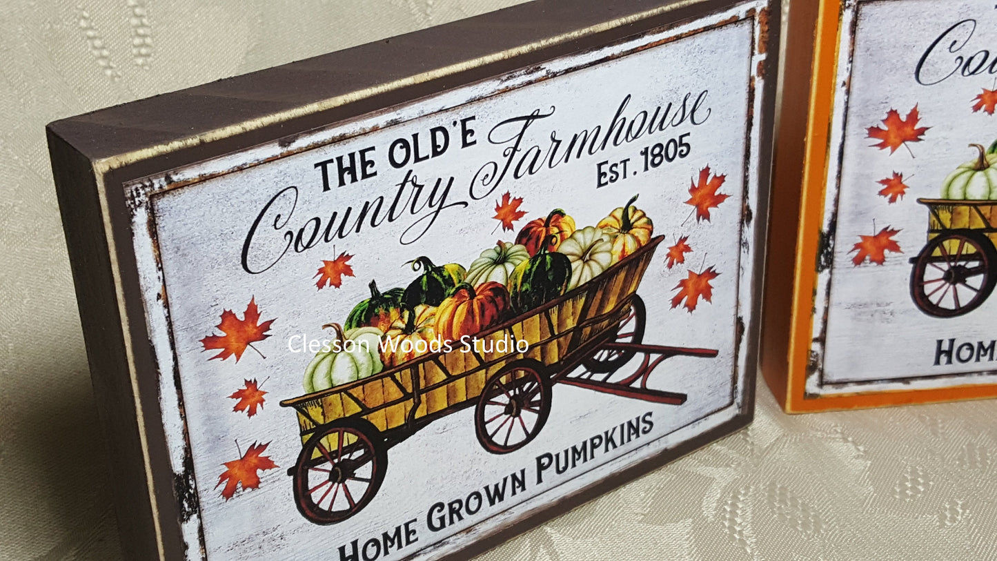 Country Farmhouse Fall Wagon Small Wood Block Sign