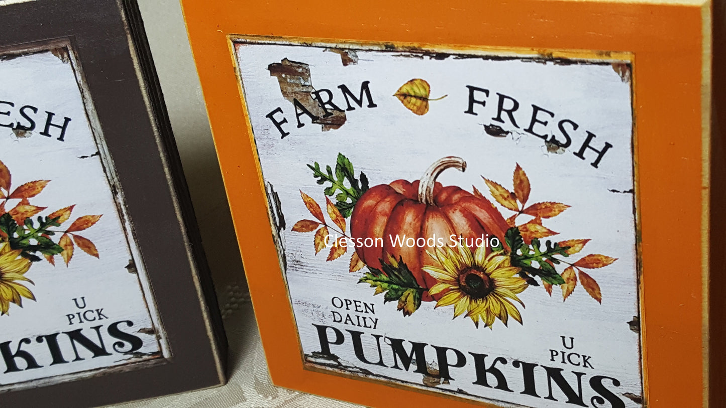 Farm Fresh Pumpkins (Square) Small Wood Block Sign