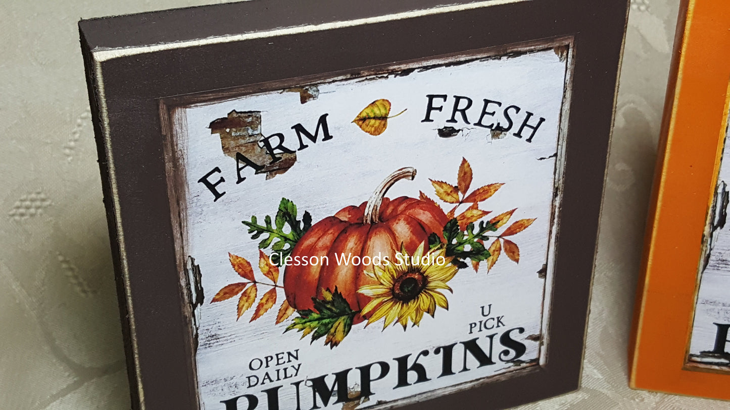 Farm Fresh Pumpkins (Square) Small Wood Block Sign