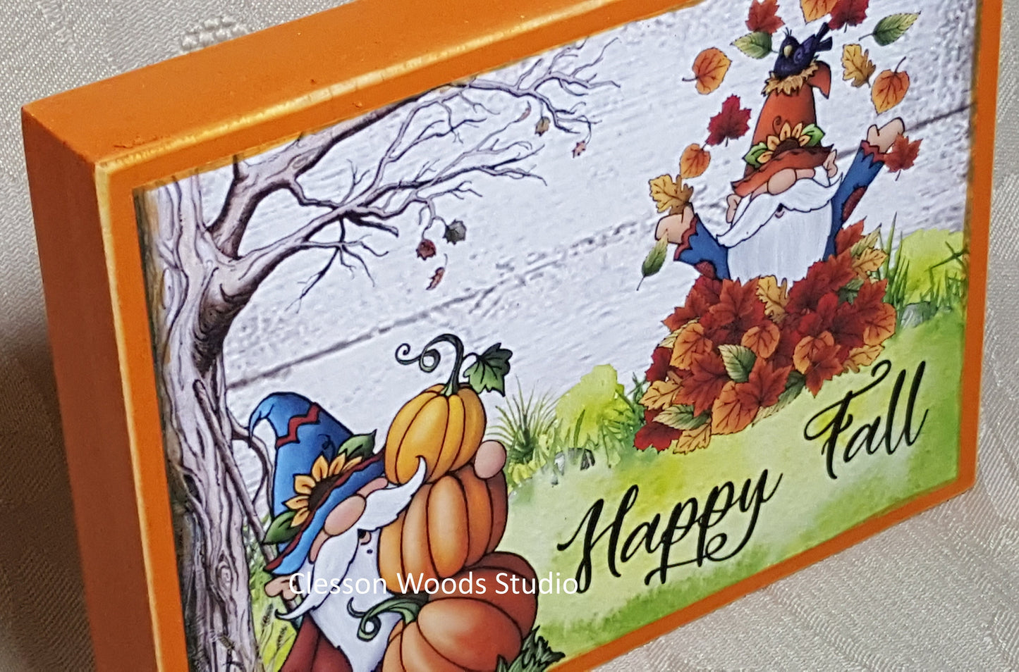 Two Fall Gnomes Happy Fall (Horizontal) Small Wood Block Sign