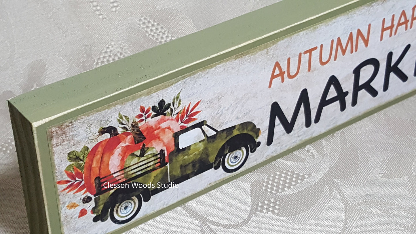 Green Vintage Truck Autumn Harvest Market Horizontal Wood Sign