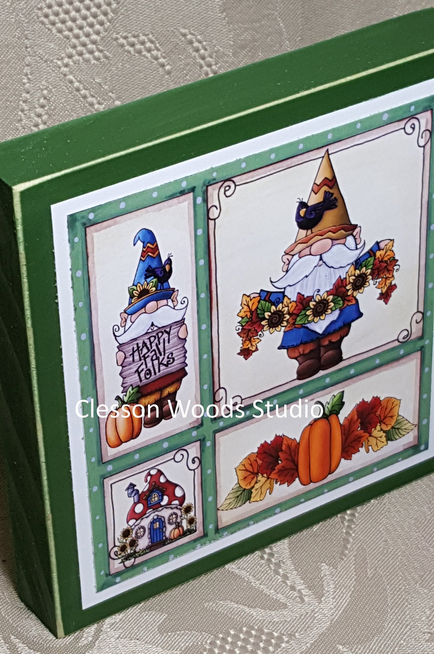 Fall Gnome Friends Small Square Wood Block Sign (Green)