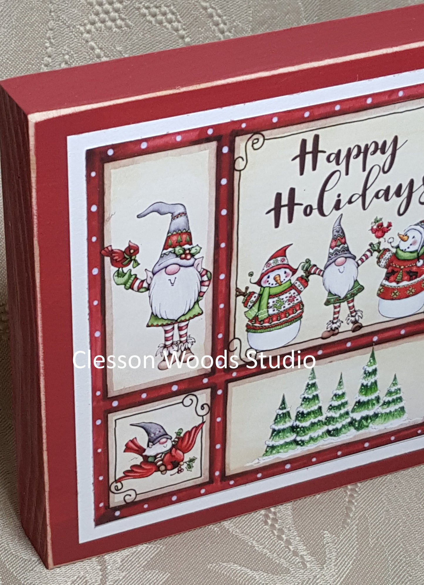 Winter Gnome Friends Happy Holidays Small Square Wood Block Sign (Red)