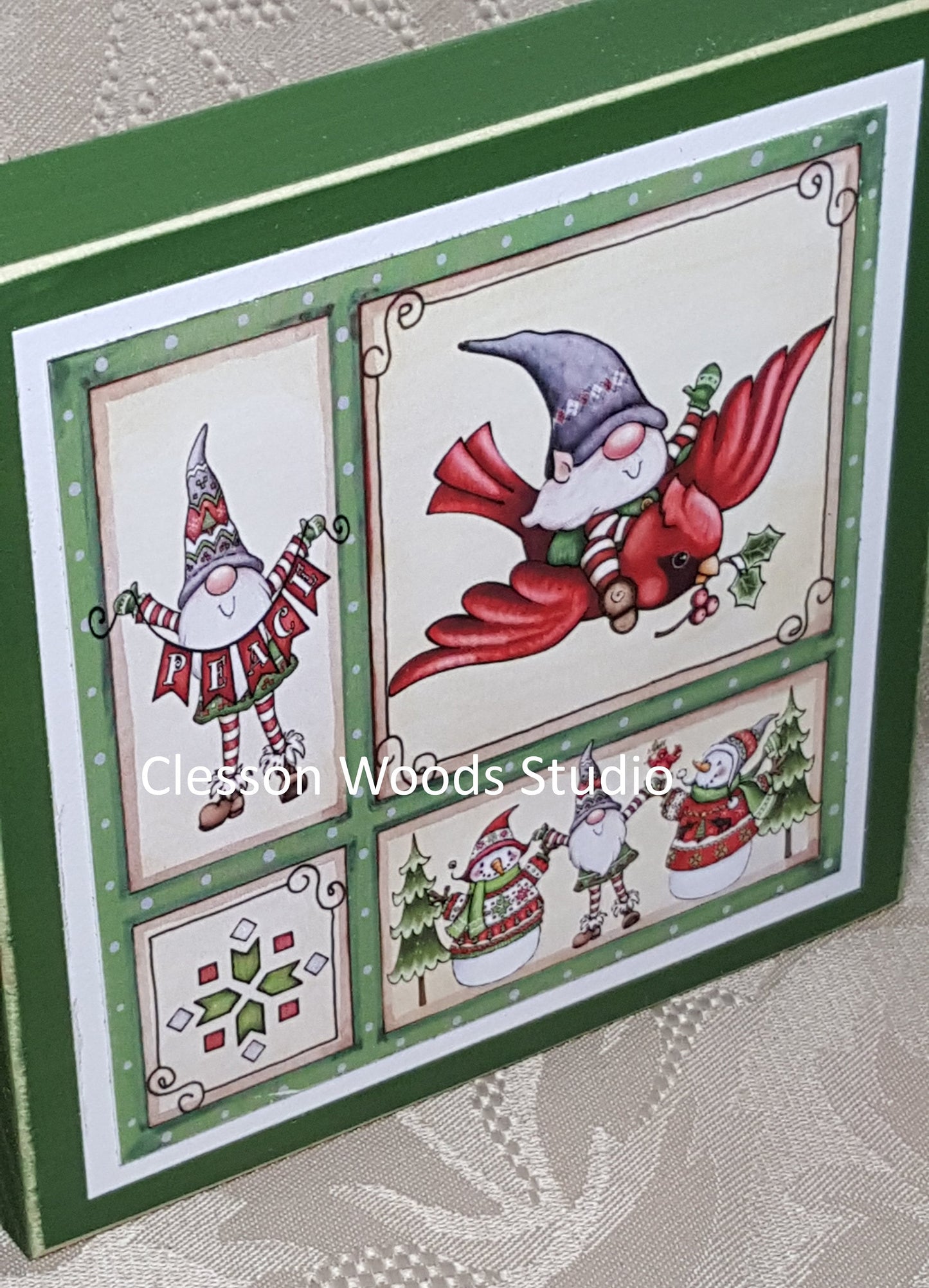 Winter Gnome Friends Small Square Wood Block Sign (Green)