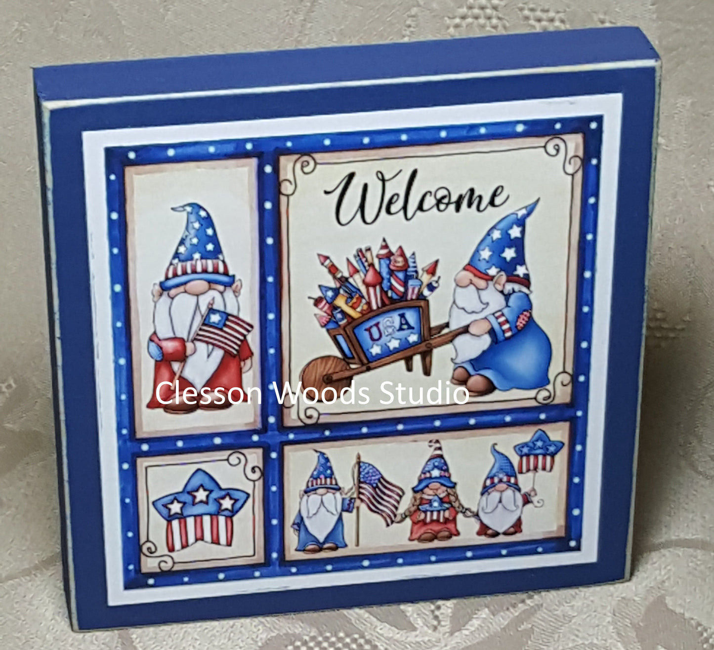 Patriotic Gnome Friends Small Square Wood Block Sign (Blue)