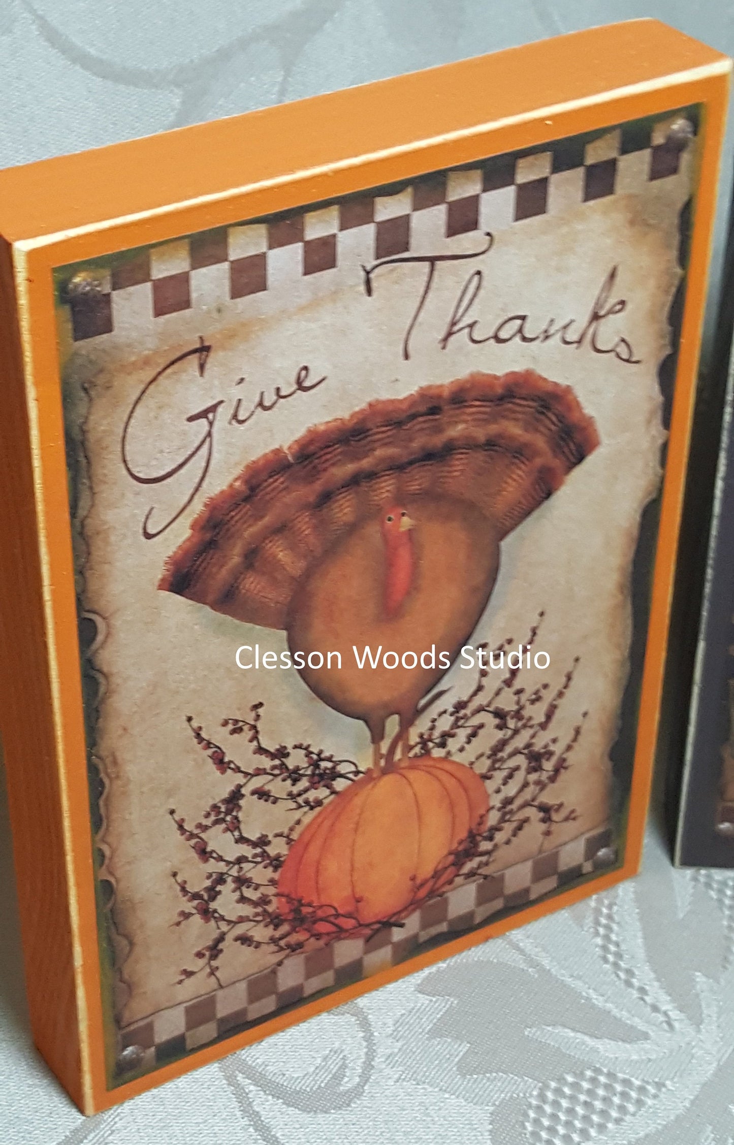 Give Thanks Turkey Small Wood Block Sign