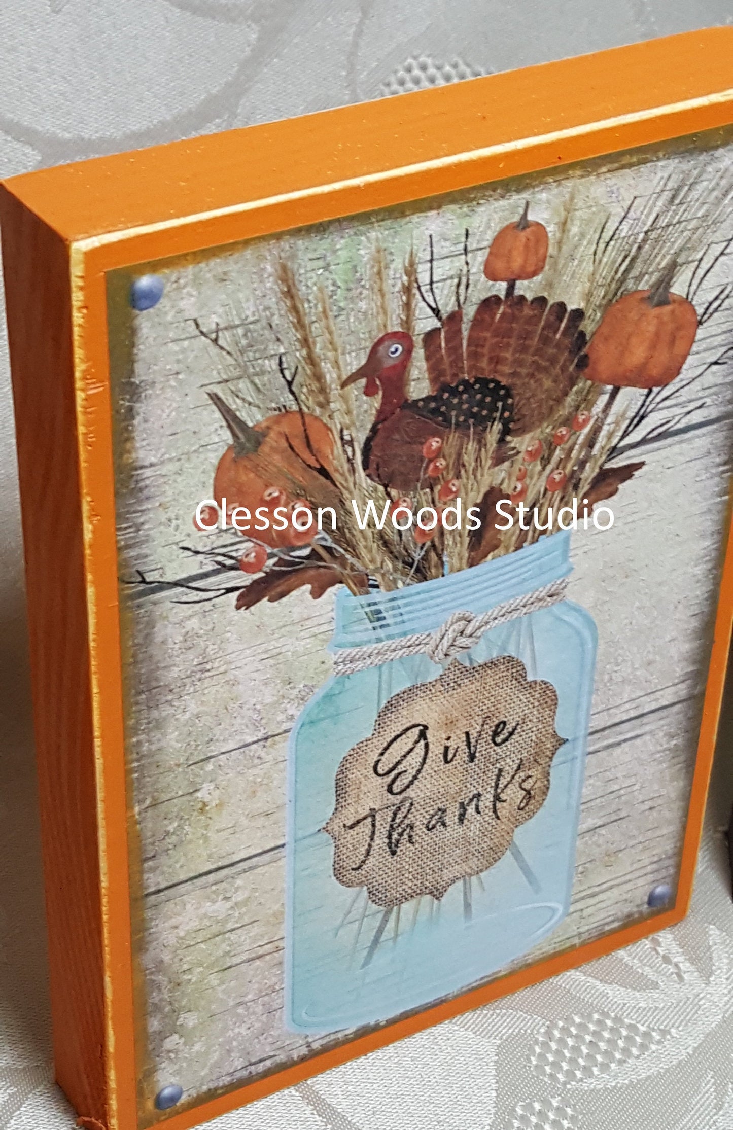 Give Thanks Thanksgiving Mason Jar Small Wood Block Sign