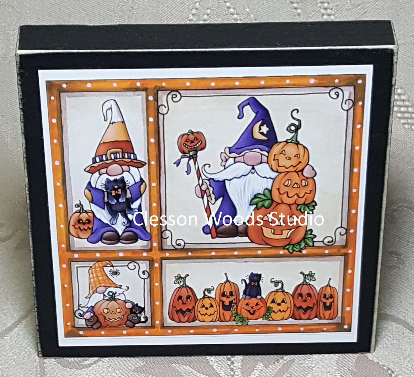 Halloween Gnome Friends Small Square Wood Block Sign