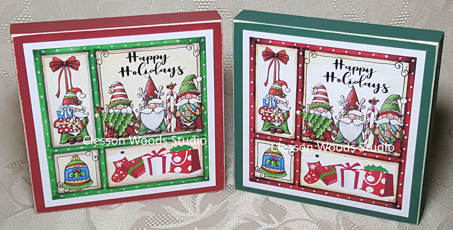 Happy Holidays Gnome Trio Small Square Wood Block Sign