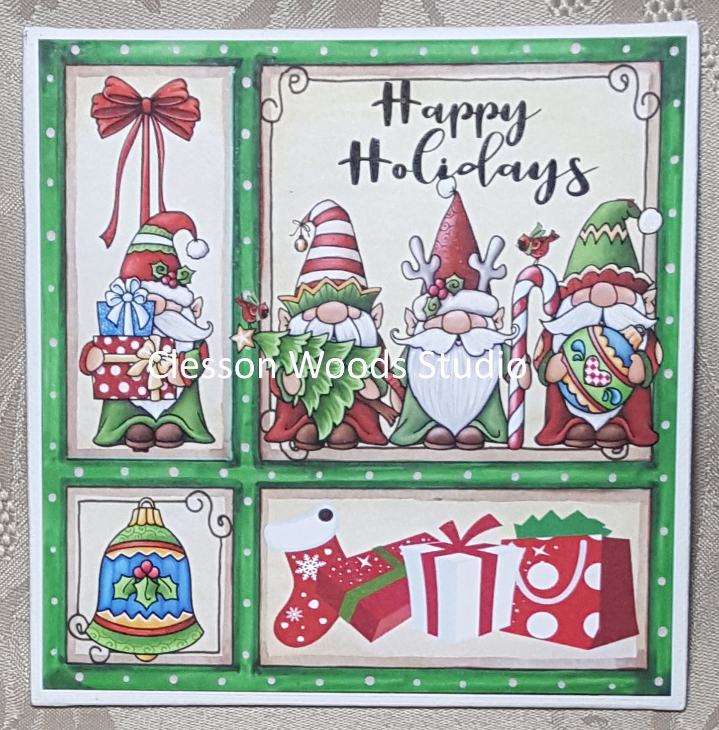 Christmas Gnomes Happy Holidays (Green Frame) 5x5 Canvas Panel