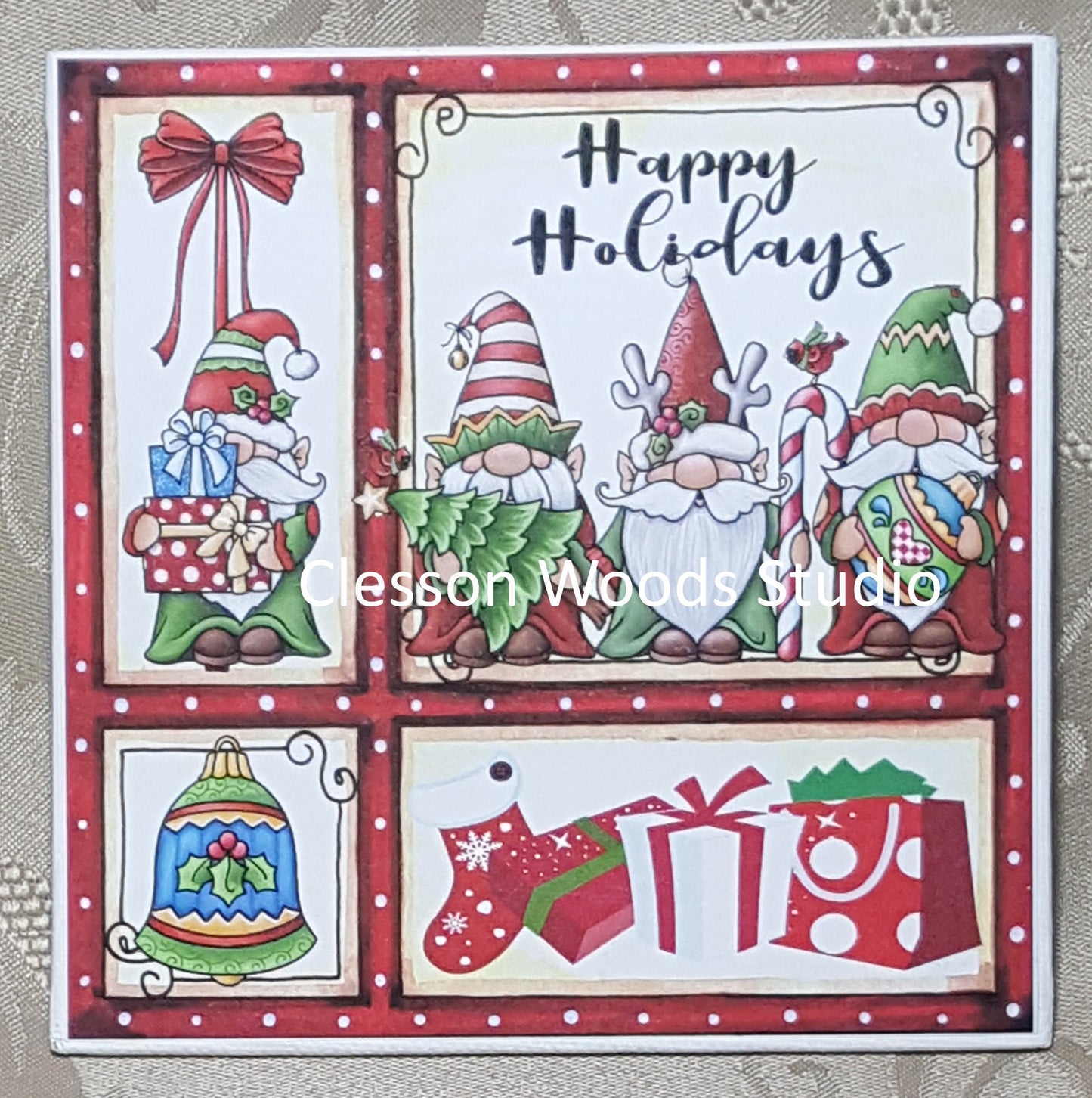 Christmas Gnomes Happy Holidays (Red Frame) 5x5 Canvas Panel