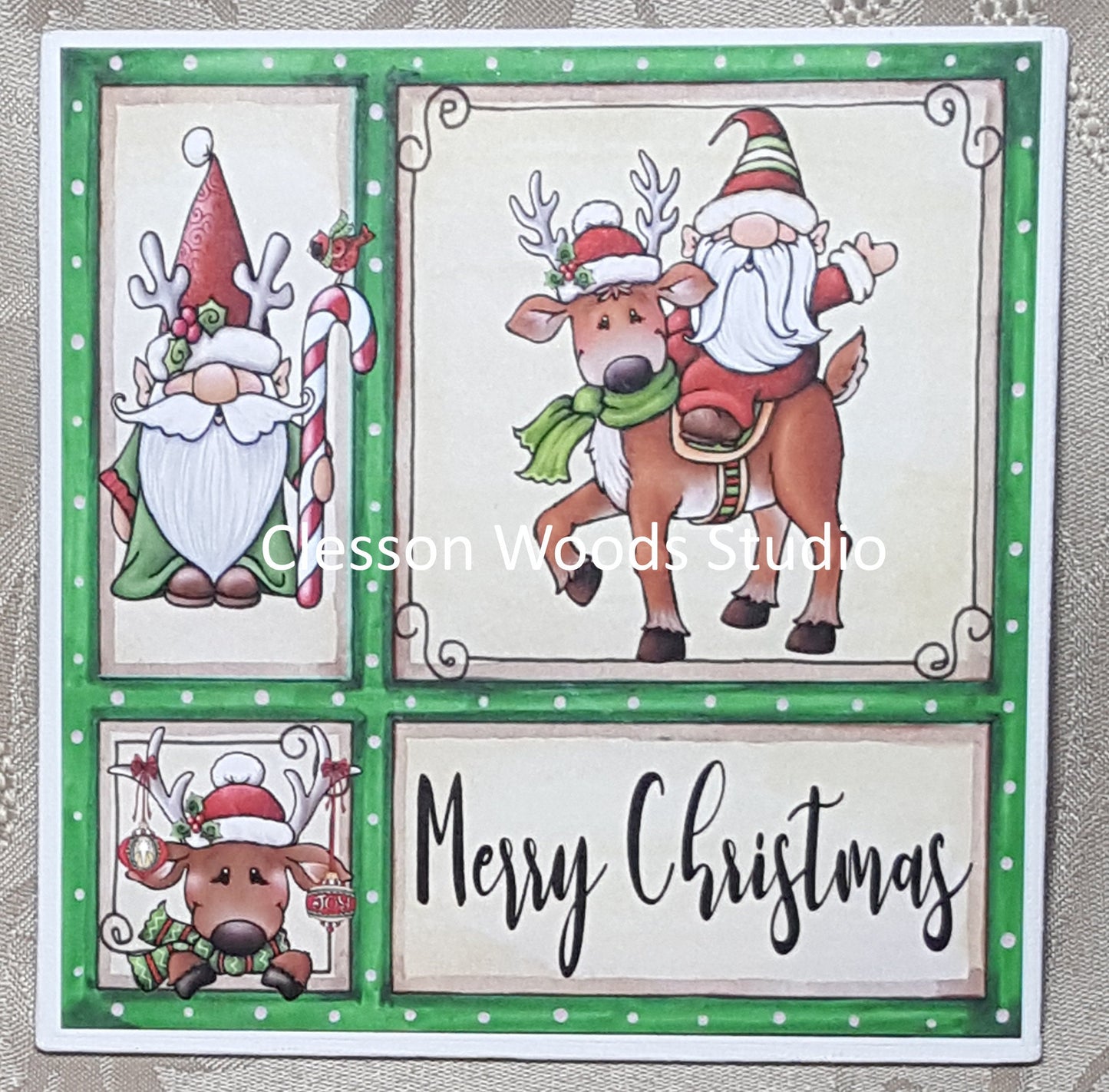 Christmas Gnomes Reindeer (Green Frame) 5x5 Canvas Panel