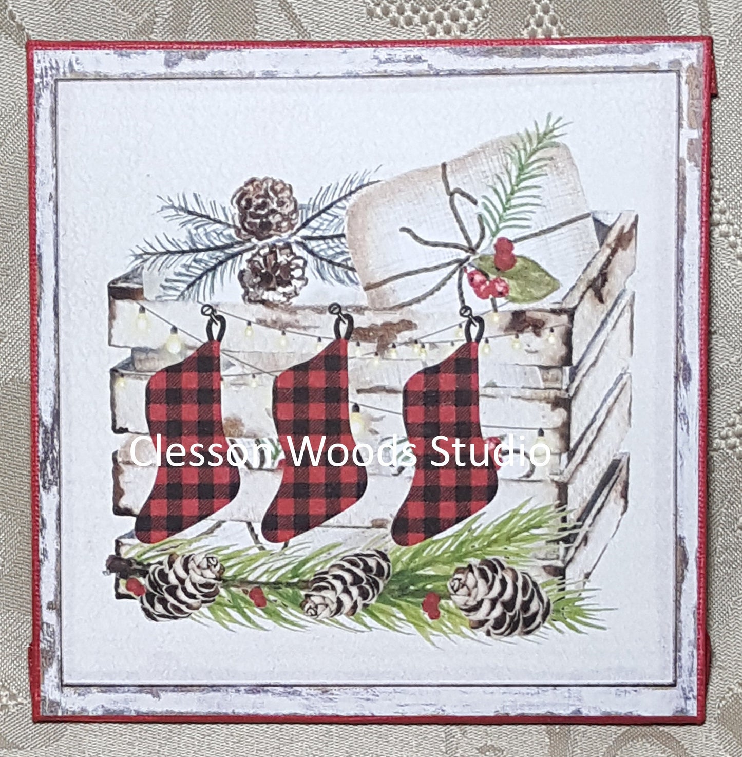 Trio of Stockings on Crate (Red Border) 5x5 Canvas Panel