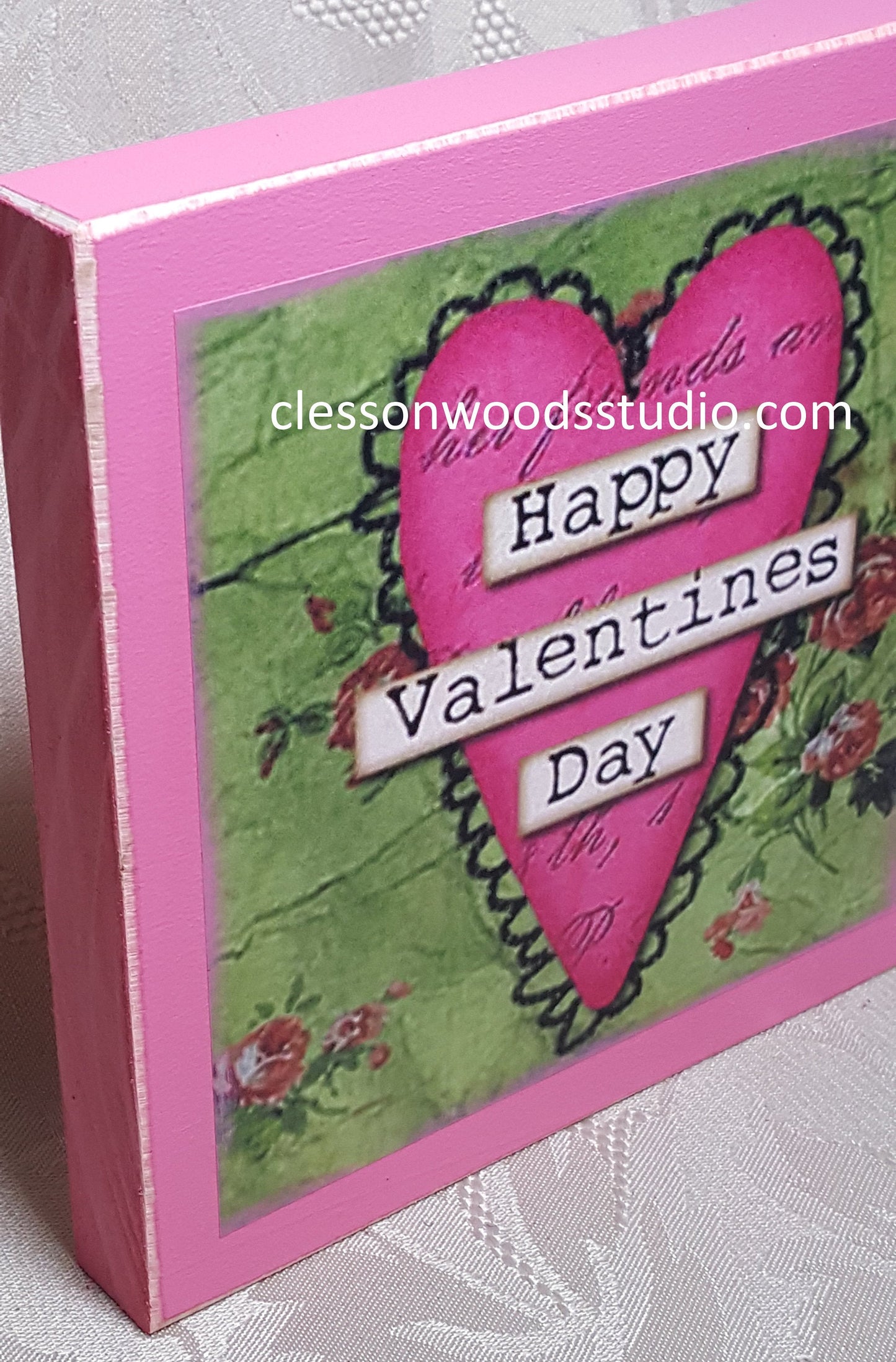 Happy Valentines Day Heart Pink Wood Block Sign