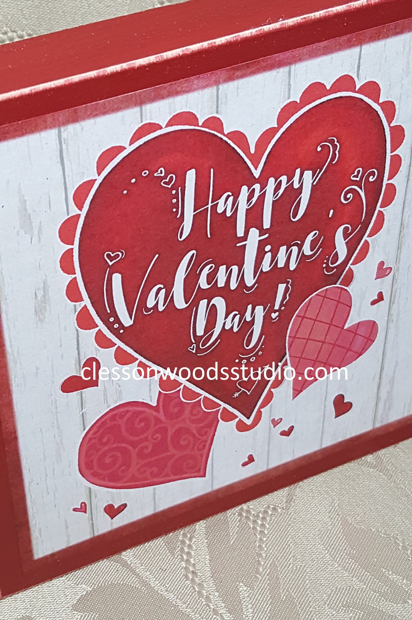 Happy Valentine's Day Trio of Hearts Red Wood Block Sign