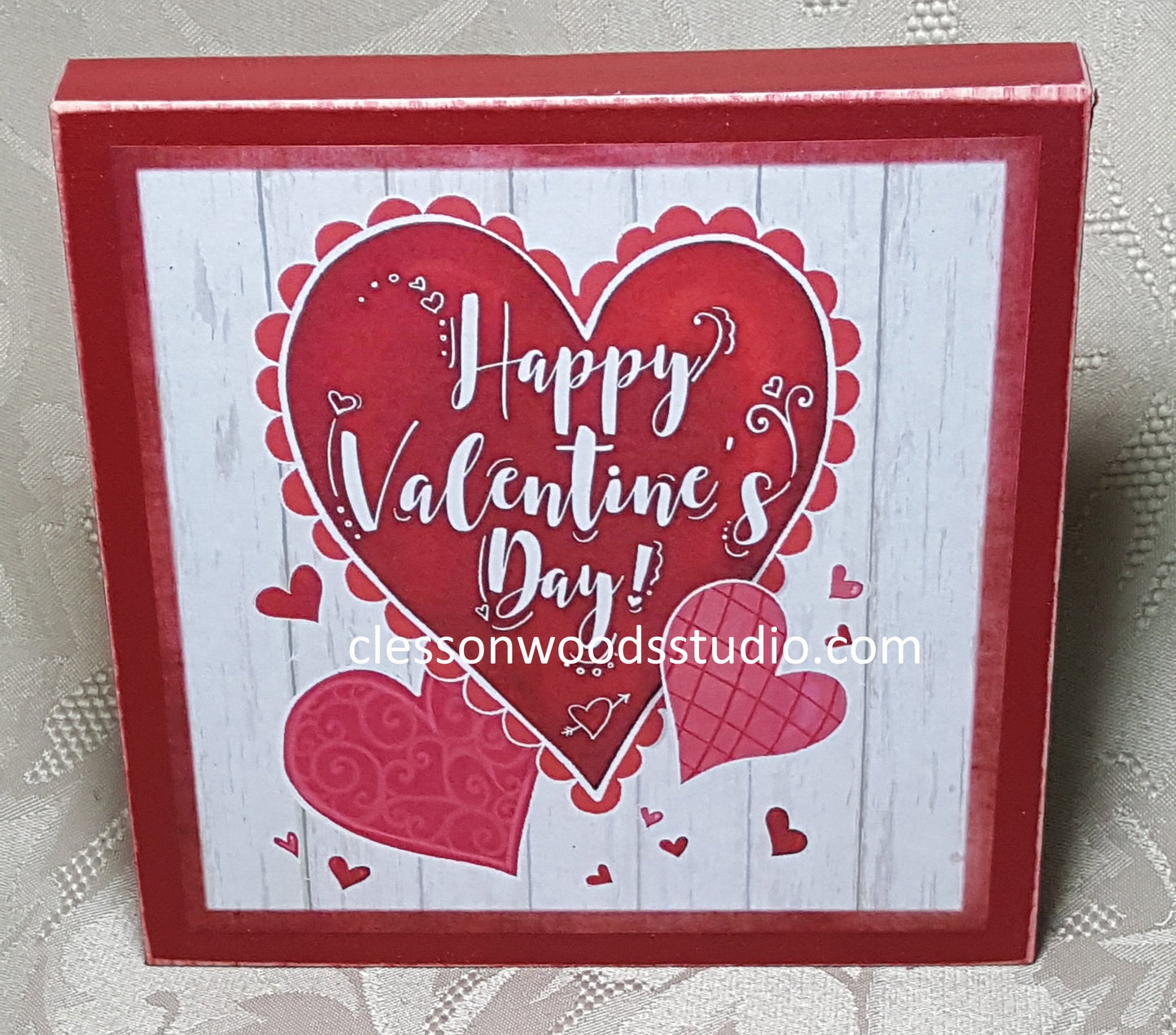 Happy Valentine's Day Trio of Hearts Red Wood Block Sign