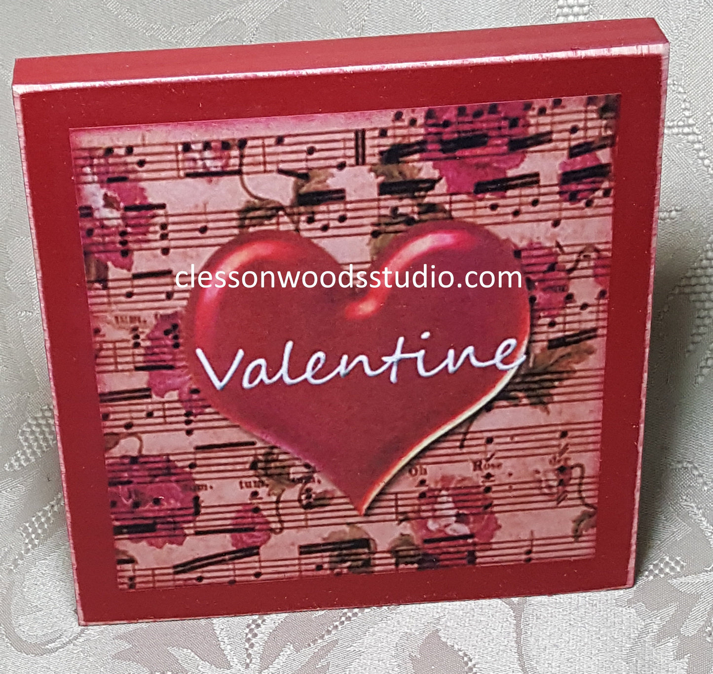 Valentine Heart on Sheet Music Red Wood Block Sign