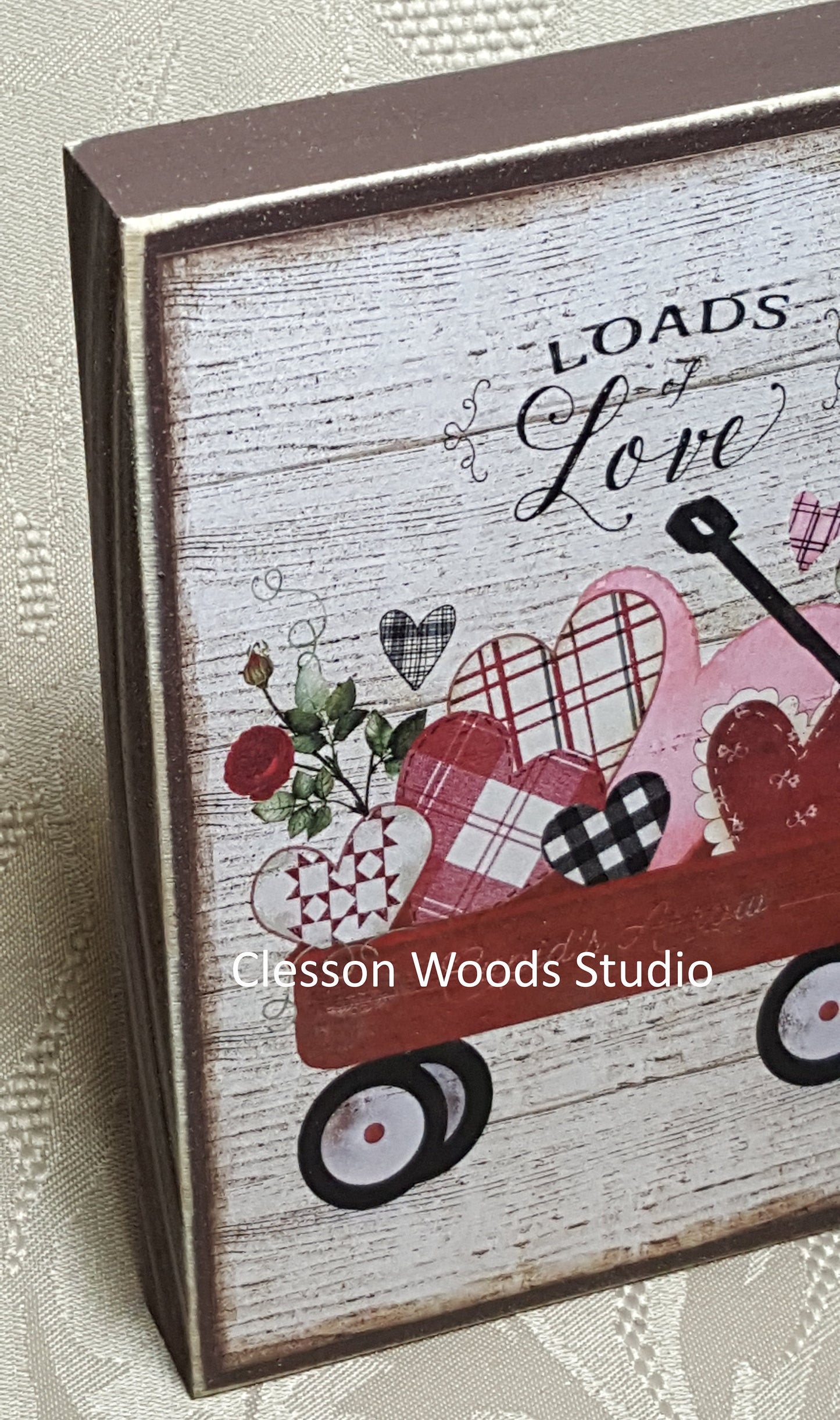 Loads of Love Valentine Red Wagon Small Wood Sign (Brown)