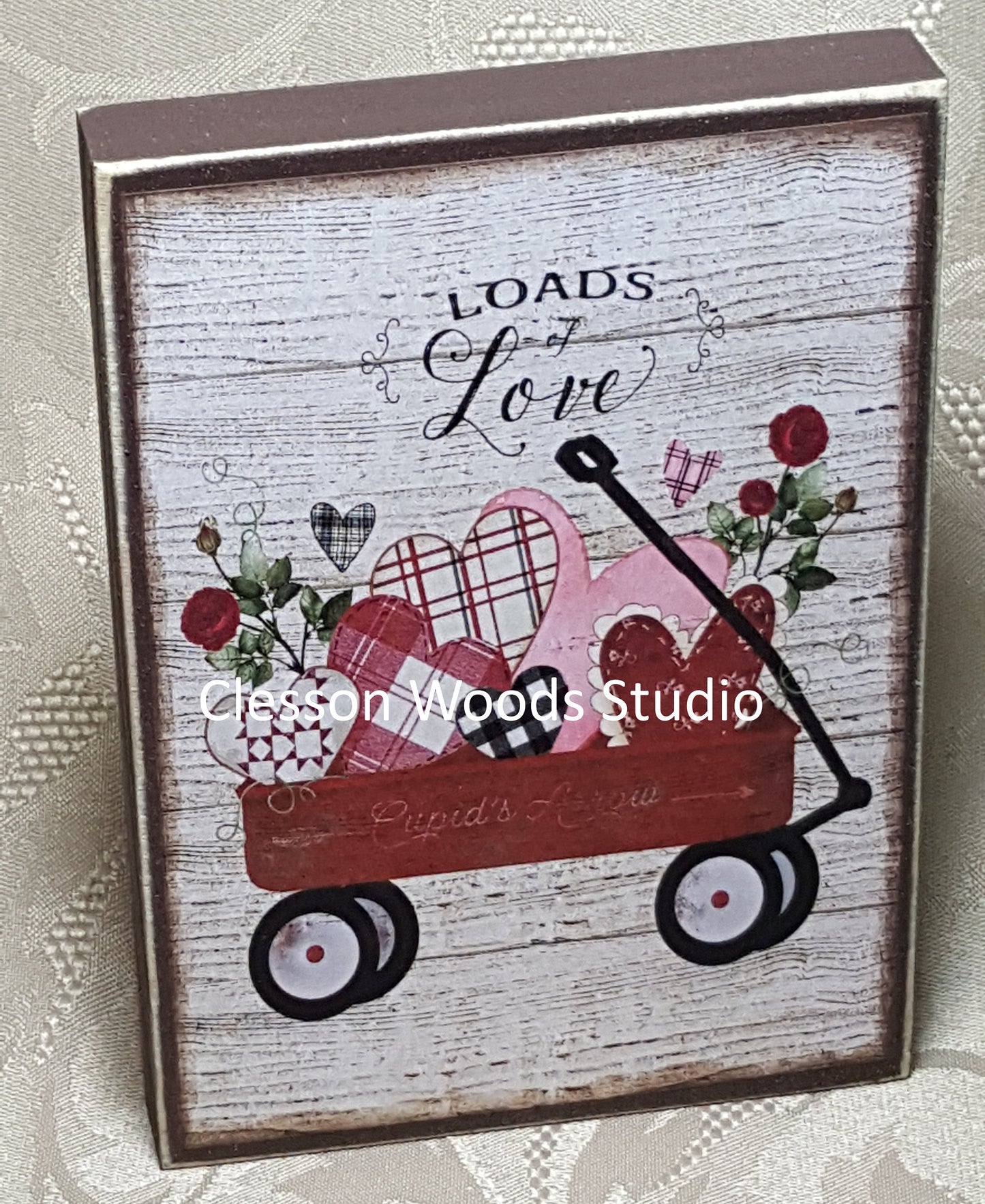 Loads of Love Valentine Red Wagon Small Wood Sign (Brown)