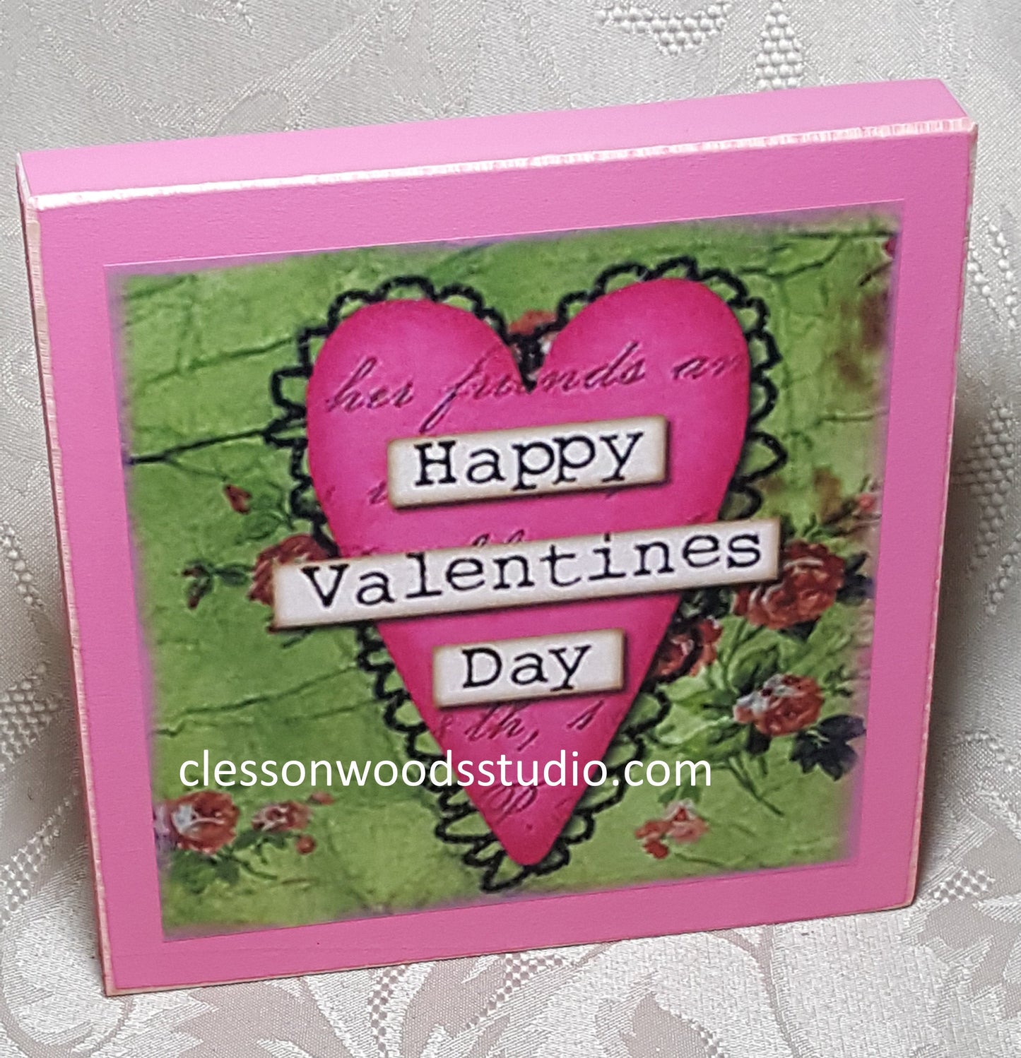 Happy Valentines Day Heart Pink Wood Block Sign