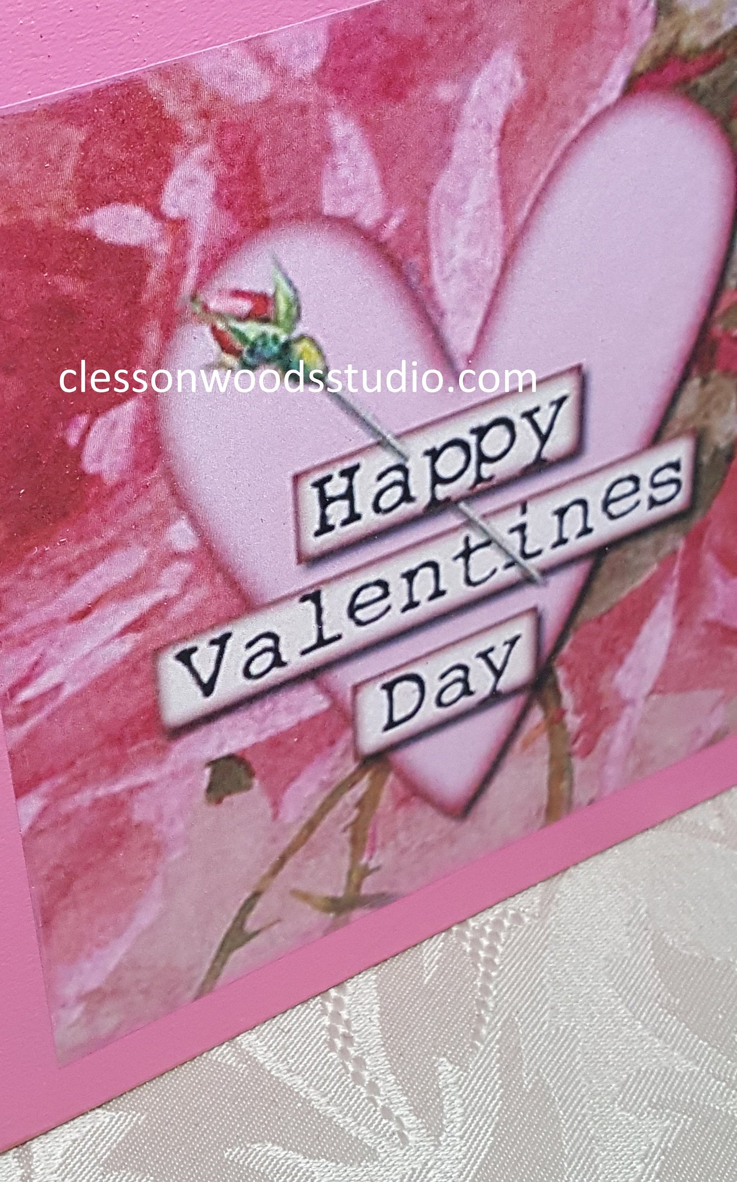 Happy Valentine's Day Rose and Heart Pink Wood Block Sign