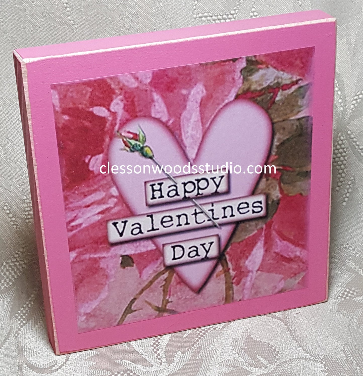 Happy Valentine's Day Rose and Heart Pink Wood Block Sign