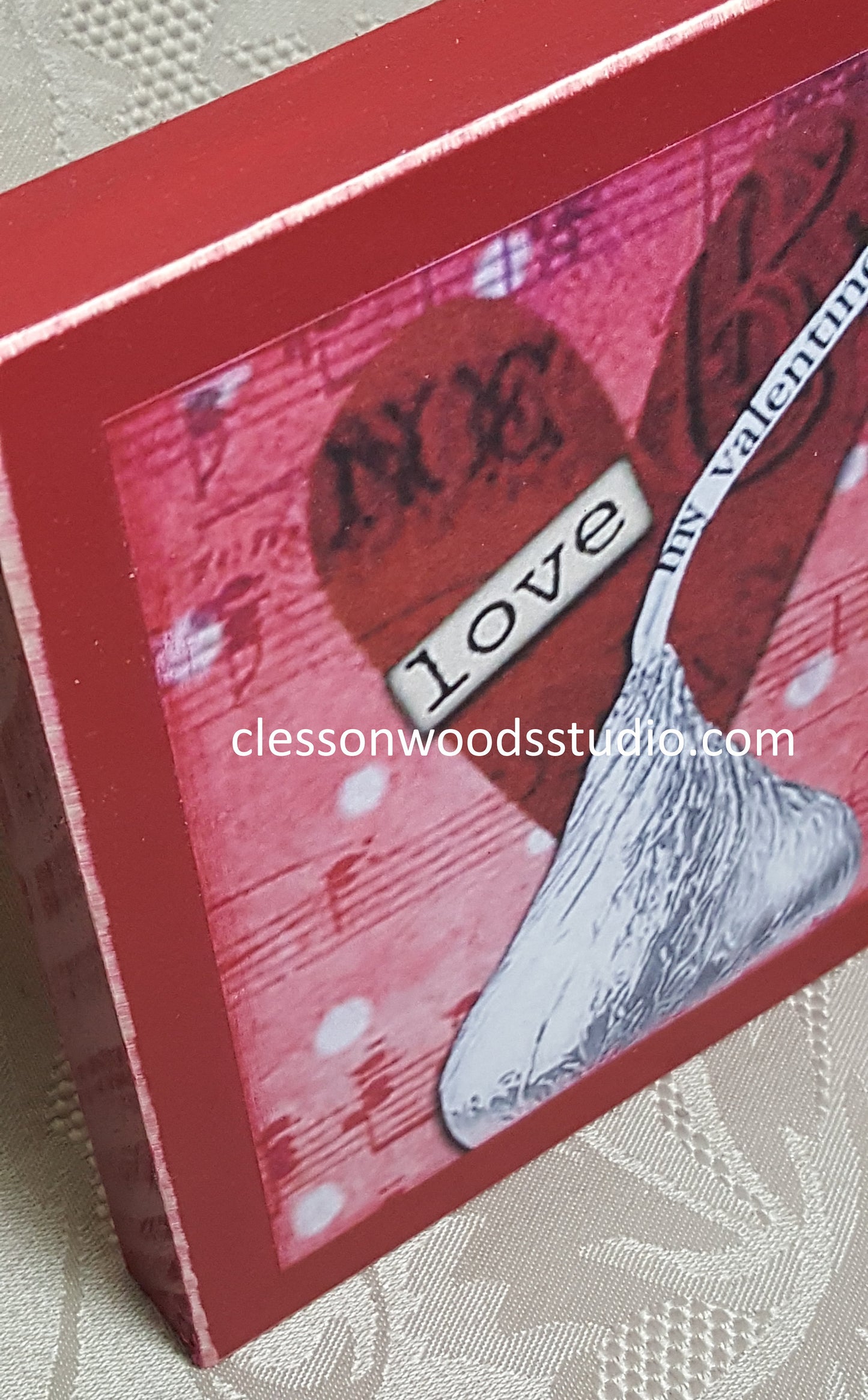 Love Chocolate Kiss Red Wood Block Sign