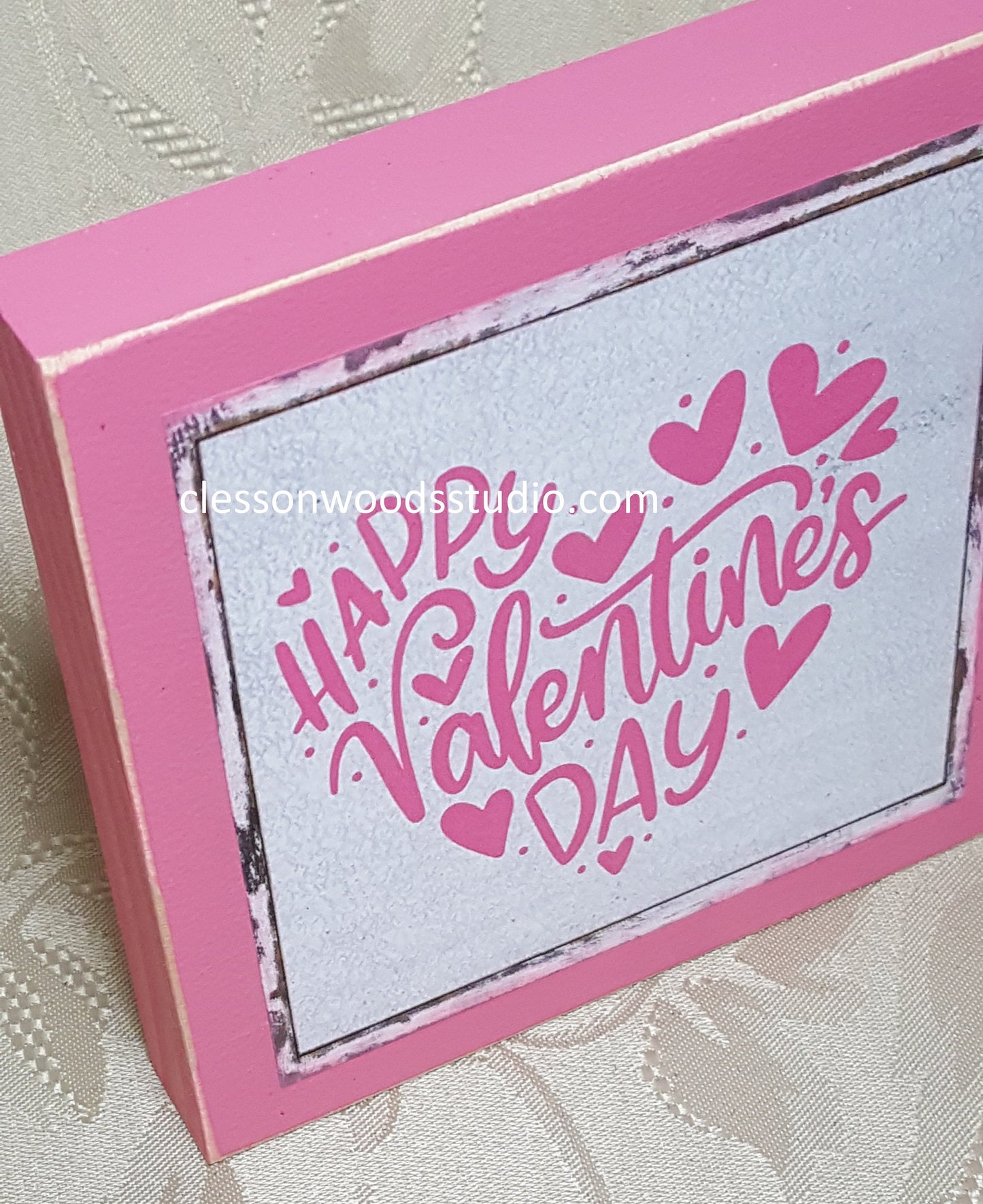 Happy Valentine's Day Words Heart Shape Square Wood Sign (Pink)