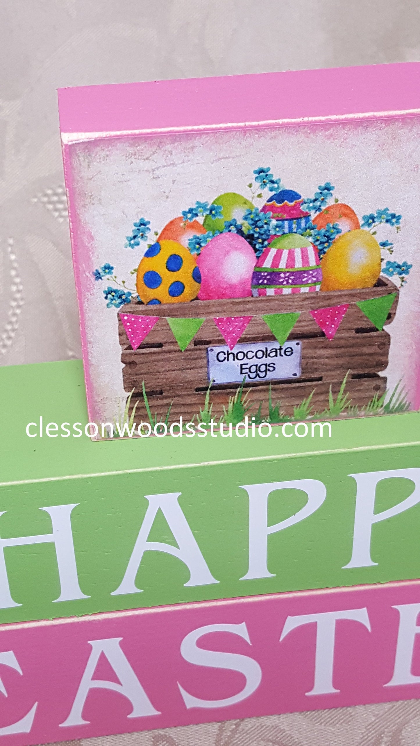 Happy Easter Wood Crate of Eggs Green/Pink Wood Block Stack