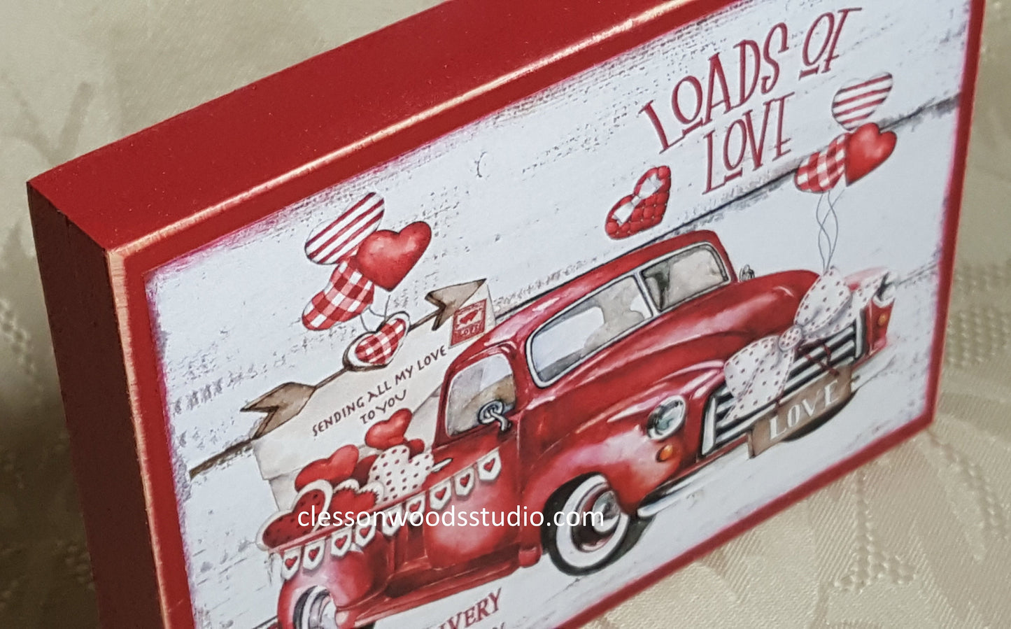 Valentine Loads of Love Red Truck Wood Block Sign