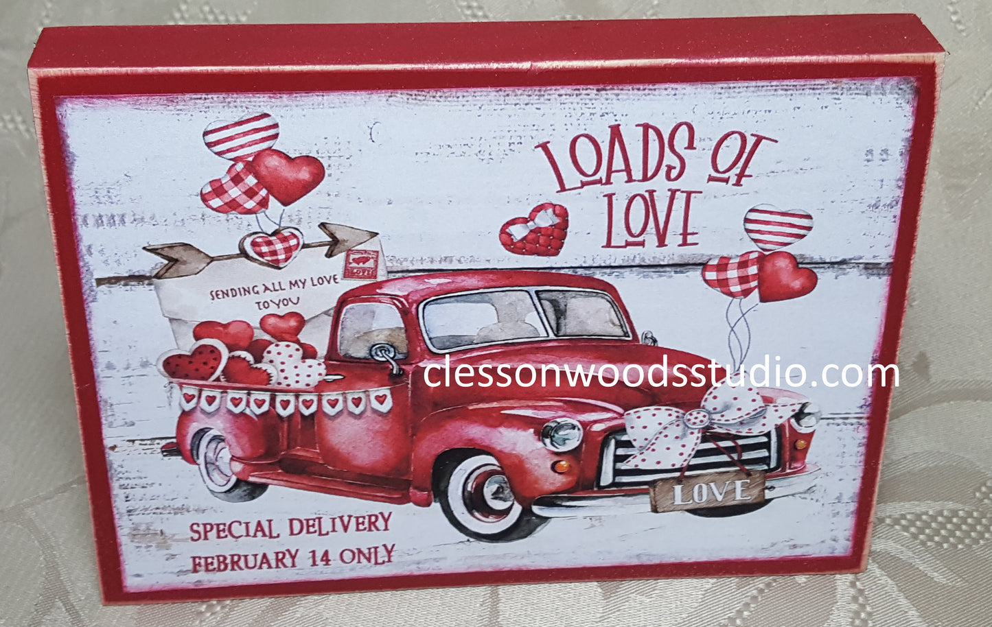 Valentine Loads of Love Red Truck Wood Block Sign