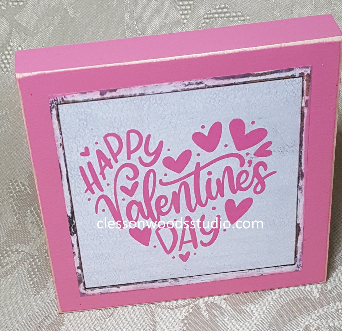 Happy Valentine's Day Words Heart Shape Square Wood Sign (Pink)