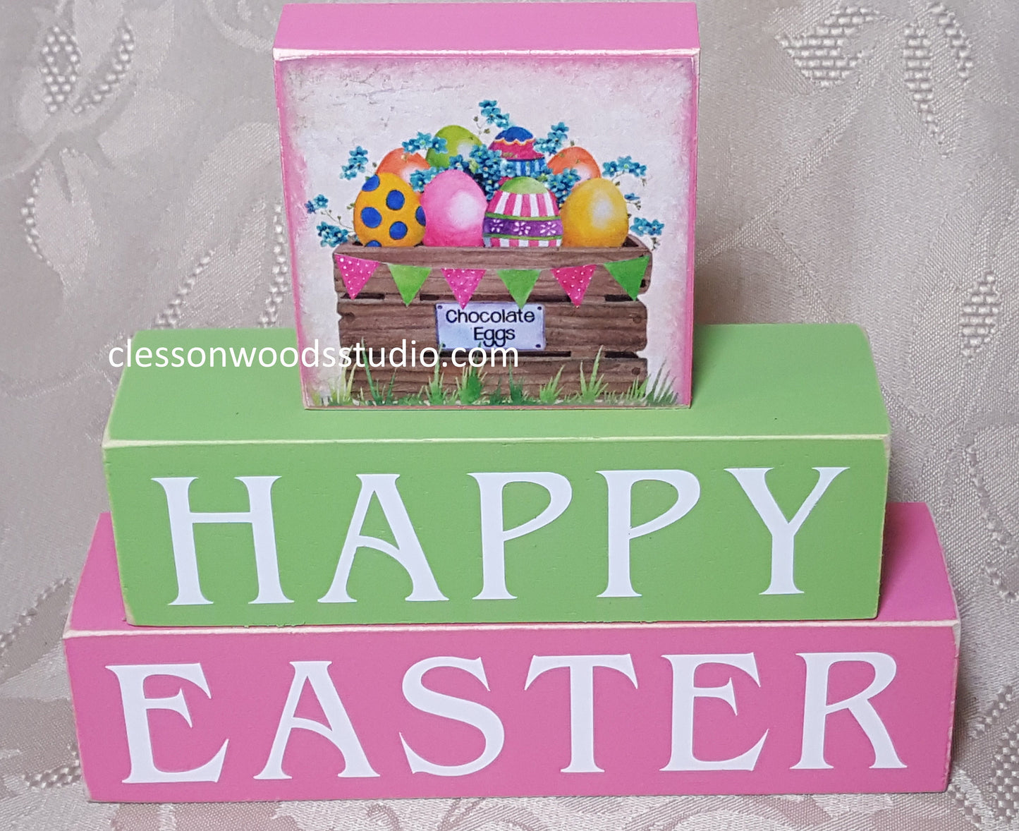Happy Easter Wood Crate of Eggs Green/Pink Wood Block Stack