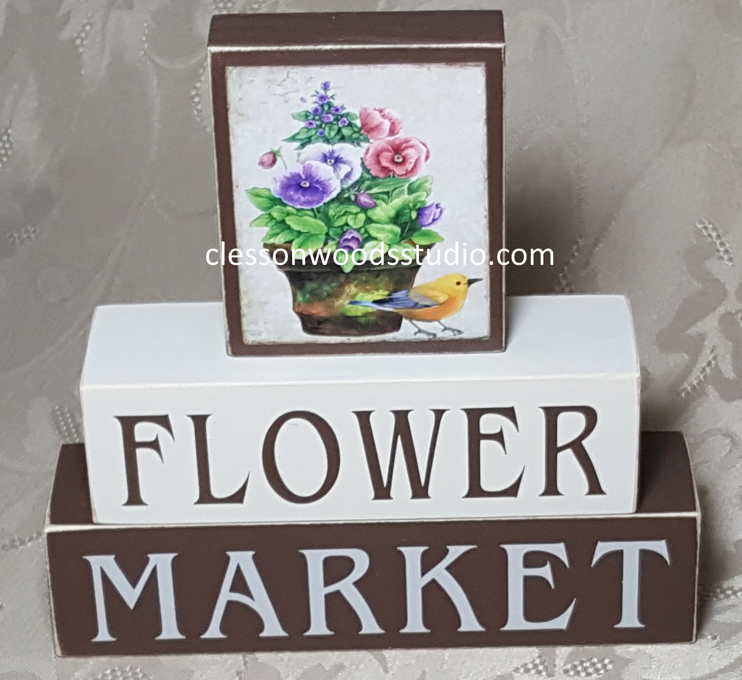 Flower Market Flowers With Goldfinch Wood Block Stack