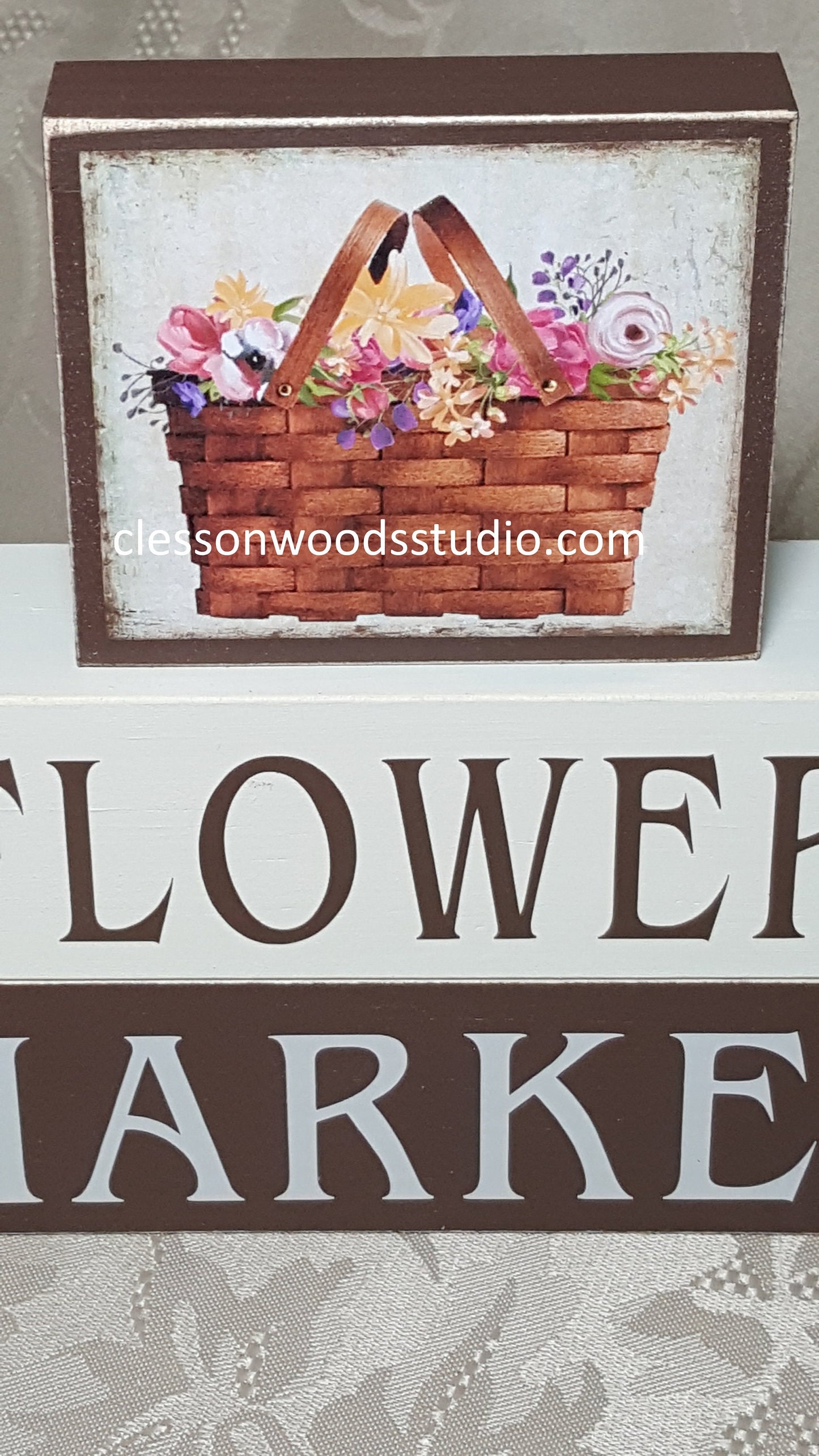 Flower Market Basket of Flowers Wood Block Stack