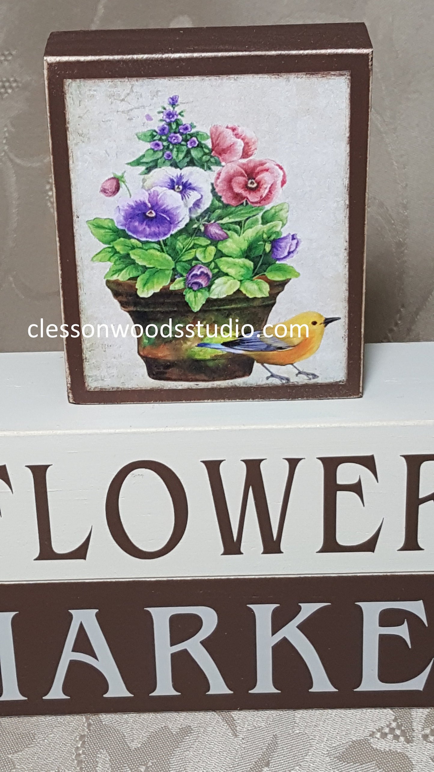 Flower Market Flowers With Goldfinch Wood Block Stack