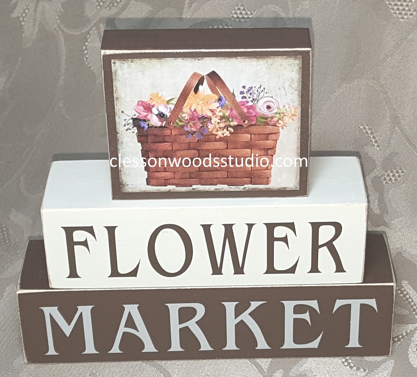 Flower Market Basket of Flowers Wood Block Stack