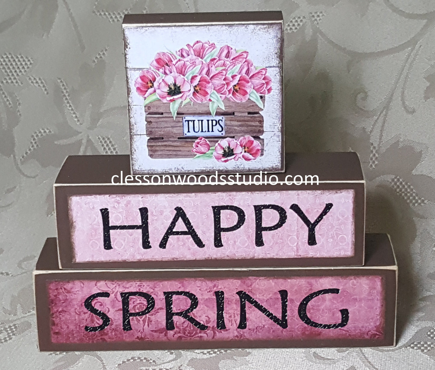 Happy Spring Tulips Basket Block Stack (Brown)